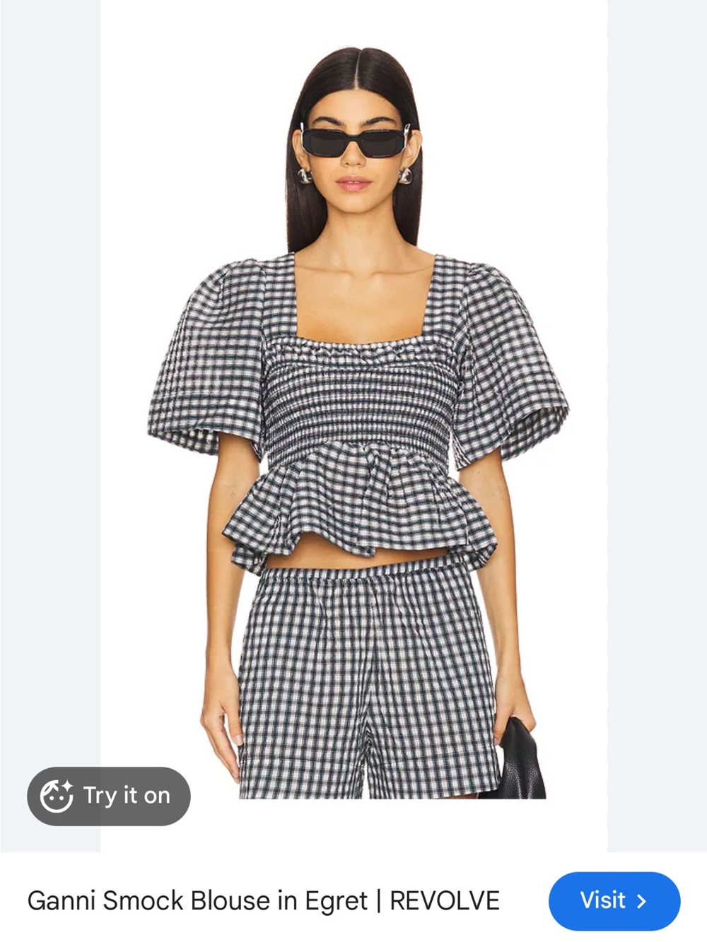 Ganni Black & White Gingham Smocked Peplum Top